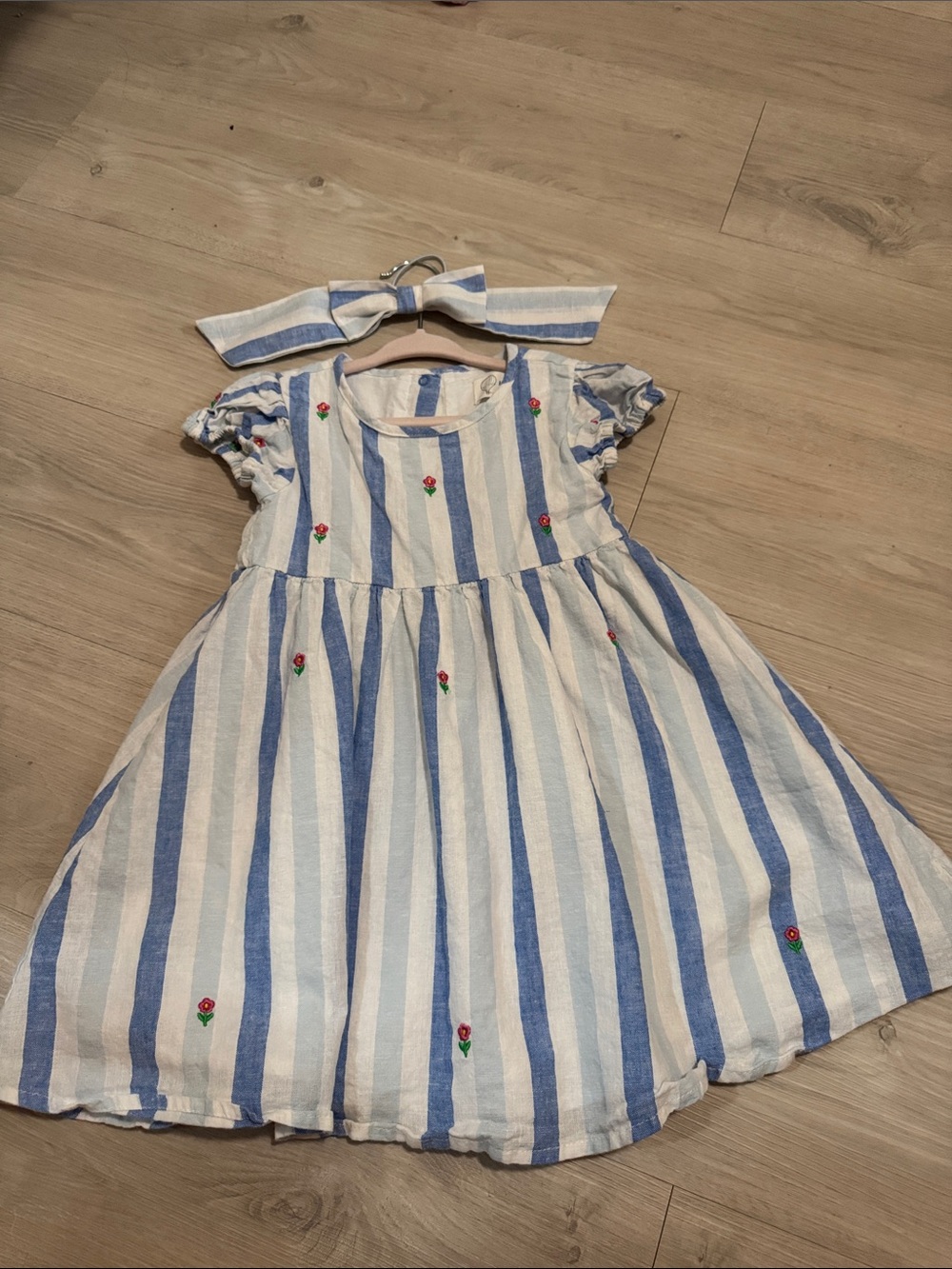 Girls' Blue and White Striped Dress with Rose Embroidery and Headband